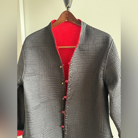 New Sam Hilus Classic 100% Silk Reversible Nehru Jacket Women's Black & Red L XL - Picture 7 of 15